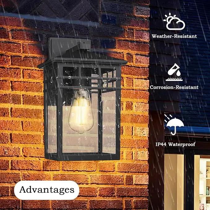 Outdoor Light Fixture Wall Mount, Modern Exterior Lights Fixture Wall Sconces with Seeded Glass for Front Porch, Farmhouse Waterproof Black Carriage Lantern Lamp Outside for Home, Garage, 2 Pack, photo 3 of 9