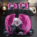 Gothic Skull Comforter Set King for Adults,Angel Wings Bedding Set Pink for Girls,Sexy Angel Comforter Bedroom Decor Teen,Gothic Skull Bedding Decor Pink Wings Quilt by CozyNest Decor