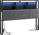 Headboard with 3-Tier Storage Shelves, Velvet Upholstered Head Board with 2 Outlets, USB Ports & LED Light, Soft Backrest for King Size Bed, Black BH19404B by CozyNest Decor