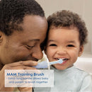 MAM Learn to Brush Set (1 Baby's Brush Toothbrush, 1 Training Brush, 1 Safety Shield), Baby Toothbrushes with Brushy The Bear, Interactive App, for Girls 5+ Months, Blue by TinyTreasures Baby Boutique