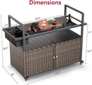 Outdoor Bar Cart with Storage Cabinet, Outdoor Grill Cart with Wheels, Rattan Bar Cart with Tempered Glass Tabletop, Outdoor Buffet Cabinet Table Cart for Mini Bar, BBQ, Food Serving, Brown Wicker by CozyNest Decor