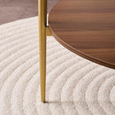 Round Coffee Table, Mid-Century Modern Design, D30“ x H17”, for Living Room, 2-Tier Structure, Clear Glass Top and Walnut MDF Shelf, Sleek Conical Metal Legs with Gold Finish by CozyNest Decor