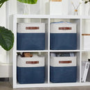 DULLEMELO [Set of 4 Storage Cubes Baskets for Organizing, 11 x 11 x 11 inch Cube Storage Organizer Bins with Leather Handles, Foldable Fabric Cloth Bins for Cube Storage(4 Pack - 11" White&Blue) by CozyNest Decor