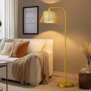 Oneach Arc Floor Lamp for Living Room,Rattan Boho Floor Lamp with Hand-Woven Wicker & Fabric Shade, Foot Switch,Gold Metal Base & Pole,Farmhouse Standing Lamp for Bedroom Corner,Office,Reading by CozyNest Decor