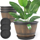 16-inch-Plant-Pots-Indoor-Outdoor, 4 Pack Large Whiskey Barrel Planters with Drainage Holes & Saucer, Plastic Flower Pots Imitation Wine Barrel Design, Decorative Garden Pots for Plants by CozyNest Decor