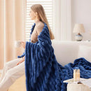 NEWCOSPLAY Super Soft Twin Blanket Navy Premium Silky Flannel Fleece 3D Ribbed Jacquard Lightweight Bed Blanket All Season Use (Navy Ribbed, Twin(60"x80")) by CozyNest Decor