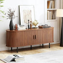 TV Stand with Power Outlet, Mid-Century Modern Television Stand, Media Console with Sliding Doors, Entertainment Center for TVs up to 60 Inch, Adjustable Shelves, Walnut by CozyNest Decor