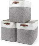 Large Fabric Storage Baskets | 50L Storage Bins, Decorative Linen Closet Baskets with Handles for Organizing, Shelf, Toys, Clothes, Home, Office, Nursery, 17x12x15Inches (Grey&White) by TinyTreasures Baby Boutique