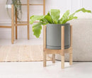 D'vine Dev Ceramic Planter with Natural Stand - 8 Inch Modern Round Flower Pot with Wood Planter Holder, Grey, 55-B-N-3 by CozyNest Decor