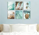 Set of 6 Tropical Beach Canvas Wall Art Surf Poster Summer Ocean Coastal Pictures Turtle Print Palm Tree Surfboard Gallery Paintings Nautical Bus Wall Decor for Bedroom Bathroom Framed by CozyNest Decor
