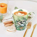 Coffee Mug Sets of 4, 12oz Bone China Porcelain Cups with Art Print Large Handle Dishwasher Microwave safe for Tea Cocoa or Hot Chocolate by CozyNest Decor