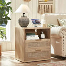 LEYAOYAO Boho Rattan Coffee Table and End Table Sets, 48" Wide Center Tables & 23" Night Stand with Charging Station Chest of Drawers, Natural Wood Coffee Table for Living Room 2 Piece Set by CozyNest Decor