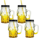 Halloween Cups Set of 4 - Yellow Skull Glass Drinking Jar with Lids and Straws - Halloween Decor, Drinking Glasses 16 oz by CozyNest Decor