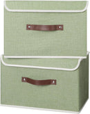 ANMINY 4PCS Storage Bins with Lid PU Leather Handles Storage Boxes PP Plastic Board Decorative Foldable Lidded Cotton Linen Fabric Home Cubes Baskets Closet Organizer Containers - Green, Large Size by TinyTreasures Baby Boutique