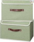 ANMINY 2PCS Storage Bins with Lid PU Leather Handles Storage Boxes PP Plastic Board Decorative Foldable Lidded Cotton Linen Fabric Home Cubes Baskets Closet Organizer Containers - Green, Large Size by TinyTreasures Baby Boutique