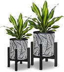 10 & 12 Inches Plant Pot with Stand Set of 2, Decorative Palm Leaves Printing Planter with Holder, Garden Pot for Snake Plant, Monstera, Houseplants - Indoor Outdoor Flower Pots with Drainage Holes by CozyNest Decor