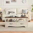 LINSY HOME Farmhouse Coffee Table with Storage, Wood Coffee Table for Living Room, Open Display Area and Storage Drawers with Metal Handles, Chic Style with Curved Base. Oak and Brown by CozyNest Decor