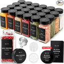 Glass Spice Jars with Label and Stainless Steel Lids (24 x 4oz) Spice Containers with 240 Labels, Shaker Inserts, Steel Funnel, Empty Square Empty Square Seasoning Organizer (Black) by CozyNest Decor