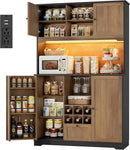 FINETONES 71" Pantry Cabinet with LED Light and Charging Station, Kitchen Pantry Cabinet with Microwave Stand, Kitchen Hutch Food Storage Cabinet with Outlet and Wine Racks, Black/Brown by CozyNest Decor