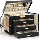 AKOZLIN Large 4-Tier Jewelry Box Leather Jewelry Storage Organizer with 3 Drawers Lockable for Women Girls Ring Necklace Earring Bracelet Watches Holder with Mirror Black by TinyTreasures Baby Boutique