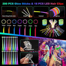 290 PCS Glow in the Dark Party Supplies, 200 Glow Sticks, 24 Fiber Optic Wands, 15 LED Glasses, 33 Finger Lights and 18 LED Hair Clips for Wedding, Birthday, Concert, Raves, New Year by TinyTreasures Baby Boutique