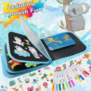 Erasable Doodle Set for Kids - Reusable Magic Drawing Book with 12 Watercolor Pens 14 Page Drawing, Road Trip Car Game Writing Painting Set for Boys and Girls (Zoo Blue) by TinyTreasures Baby Boutique