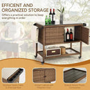 Wicker Outdoor Bar Cart with 4 Lockable Casters, Patio Prep Stainless Table with 2 Ratten Doors Storage Cabinet,Island Cart with WPC Shelf for Grill, Kitchen and Garden, Brown by CozyNest Decor