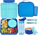Kids Bento Lunch Box with 8oz Soup Thermo, Water Bottle, Kids Leakproof Lunch Food Containers with 4 Compartment, Insulated Hot Food Jar with Lunch Bag for School, Trvael (Blue) by TinyTreasures Baby Boutique
