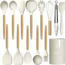 Silicone Cooking Utensils Set - 446°F Heat Resistant Silicone Kitchen Utensils for Cooking,Kitchen Utensil Spatula Set w Wooden Handles and Holder, BPA FREE Gadgets for Non-Stick Cookware (Khaki) by CozyNest Decor