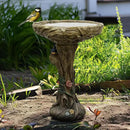 SunJet 25.5 Inch Heigh Wood-Look Concrete Bird Bath with Decorative Faux Bird – birdbath Rustic & Long-Lasting Design, Enhances Garden, Patio, Yard, Lawn Décor by GreenHaven Gardens