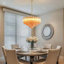 Modern Amber Glass Chandelier, 14" Round Crystal Dining Room Pendant Light Chandelier, Luxury Brass Hanging Fixture for Bedroom, Gold Kitchen Island Light, Dimmable Small Ceiling Lighting Chandeliers by CozyNest Decor
