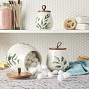 TTU Tabletops Gallery Ceramic Canister Collection- Stoneware Designed Kitchen Storage Acacia Wood White Set, 3 Piece Green Leaf Canister Set by CozyNest Decor