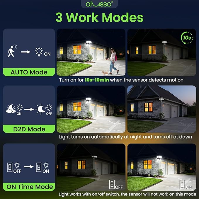 ALUSSO® LED Security Lights Motion Sensor, 60W 6000LM 3 Modes Flood Lights Outdoor Motion Sensor, 3CCT 3 Heads Outdoor Security Light Wet Location Use for House Garage Yard Walkway Black, photo 4 of 9