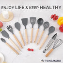 Silicone Cooking Utensils Set, Premium Beech Wood Handle Kitchen Gadgets Utensil Set, Non-Stick Kitchen Utensils Spatula, Tongs, Turner, Whisk, Brush, Spoon, BPA FREE, 446°F Resistant (Dark Gray) by CozyNest Decor