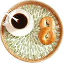 Round Rattan Tray with Mother of Pearl Inlay & Wooden Base - Decorative Wicker Serving Tray for Coffee/Bread/Fruits, Food Storage & Display - Multipurpose Home Decor (M,Green Leaves) by CozyNest Decor