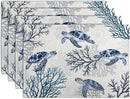 Coastal Beach Placemats Set of 4 Nautical Theme Coral Sea Turtle Navy Blue Place Mat 12x18 Inch Seasonal Summer Ocean Washable Linen Fabric Table Mats for Party Kitchen Dining Decoration by CozyNest Decor