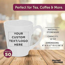 DISCOUNT PROMOS Custom Glossy Ceramic Latte Coffee Mug 12 oz. Set of 50, Personalized Bulk Pack - Perfect for Tea, Espresso, Cappuccino, Hot Cocoa - White by CozyNest Decor