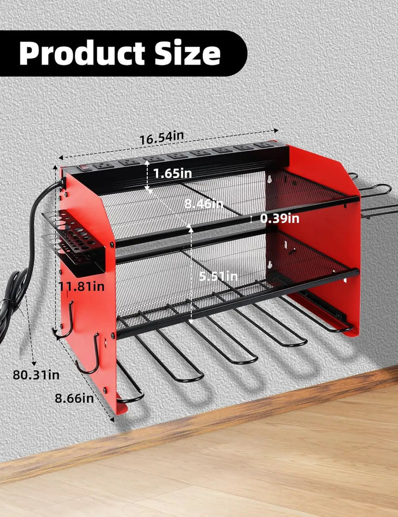 Power Tool Organizer wtih Charging Station，3 Layers Storage Rack with Screwdriver Rack 6 Drill Holders 8 Outlets Max Load 110lbs，for Workshop Garage Organizers and Storage Tool Battery Holder (red), photo 4 of 6