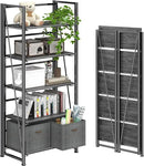 4NM No Assembly Foldable Bookshelf, 5-Shelf Collapsible Bookcase Storage for Small Spaces, 62.2" H, Gray and Black by CozyNest Decor
