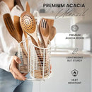 360° Rotating Kitchen Utensil Holder- 3 Compartment Organizer with Cork Bottom | Includes Premium 9-Piece Acacia Wood Utensil Set | Professional Luxury Design | Metal Utensil Crock (Matte white) by CozyNest Decor
