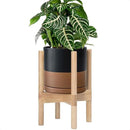 D'vine Dev Ceramic Planter with Natural Stand - 8 Inch Modern Round Flower Pot with Wood Planter Holder, Black/Speckled Tan, 55-B-N-7 by CozyNest Decor