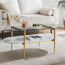 Oval Coffee Table, Mid-Century Modern Design, L41 x W21 x H17 inch, for Living Room, Clear Glass Top, White Marble Finish Wood Shelf & Gold Finish Frame by CozyNest Decor