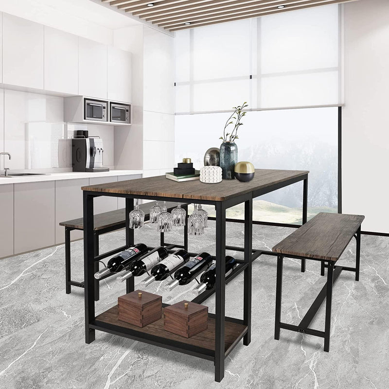 3 Piece Kitchen Table Set with Bench Dining Table Set for 4 Kitchen Dining Room Small Spaces Compact w/Storage Shelf Rack, Wine Rack