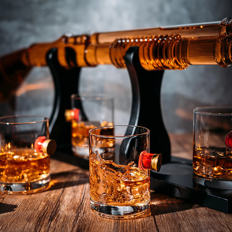 Shotgun Whiskey Decanter Set - Limited Edition - 800 ml & 4 12oz Bullet Glasses - Unique Gift - Drinking Party Accessory, Handmade Gun Liquor Decanter, Tik Tok Gun Decanter Gifts for Dad