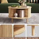 Round Coffee Table with Storage,Fluted Table with 360°Curved Sliding Doors,Solid Wood Legs, Mid Century Modern Center Table for Living Room,Apartment, Home Office,Oak,Natural by CozyNest Decor