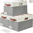 Large Collapsible Fabric Storage Bins with 3 Handles, Foldable Organizer Baskets for Closet, Shelves, Living Room | 3 Pack, Durable PU & Metal Handles (14.9"x9.8"x9.8", Gray & White) by TinyTreasures Baby Boutique