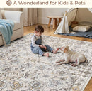Washable Area Rug 5x7 for Living Room & Bedroom, Large Neutral Floral Rugs, Soft & Non Slip, Low Pile Wool Carpets for Indoor Under Table Dining Home Office Nursery Playroom, Beige by TinyTreasures Baby Boutique