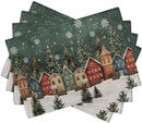 Christmas Placemats 12x18 Inch Set of 4, Winter Xmas Tree Wonderland Forest Village Town House Snowflake Linen Table Mats Washable Place Mats for Party Kitchen Dining Outdoor Indoor Decor by CozyNest Decor