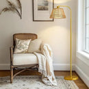 Oneach Arc Floor Lamp for Living Room,Rattan Boho Floor Lamp with Hand-Woven Wicker & Fabric Shade, Foot Switch,Gold Metal Base & Pole,Farmhouse Standing Lamp for Bedroom Corner,Office,Reading by CozyNest Decor