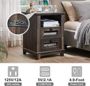 OKD Nightstand with Charging Station, 18'' Industrial & Farmhouse End Table with 2 Drawers & Open Cubby, Rustic Mesh Drawer Sofa Side Table w/Storage for Bedroom, Living Room, Office, Dark Rustic Oak by CozyNest Decor